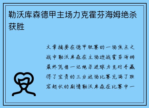 勒沃库森德甲主场力克霍芬海姆绝杀获胜 勒沃库森德甲主场力克霍芬海姆绝杀获胜